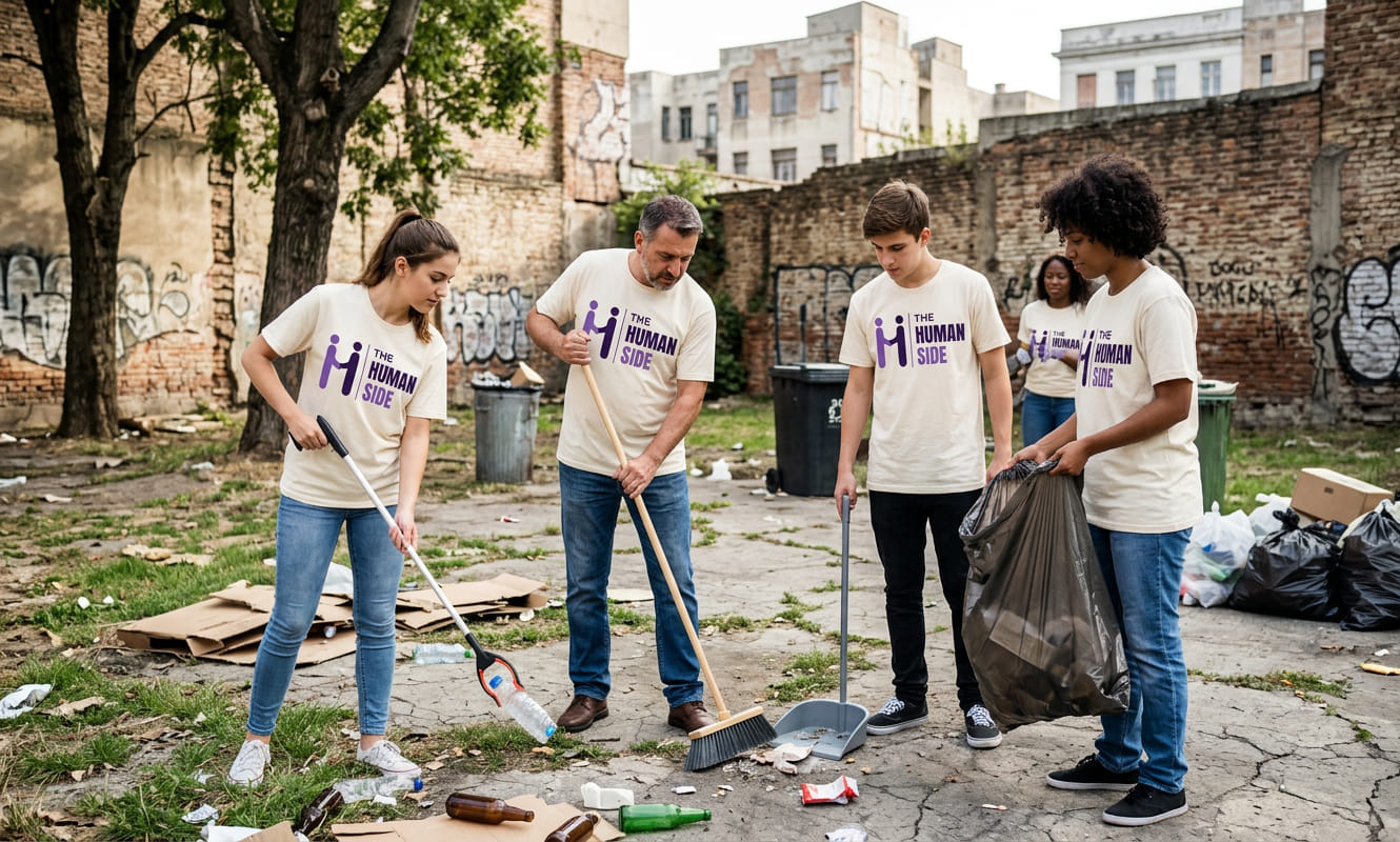 Volunteers in The Human Side t-shirts sweeping a lane on a clean-up drive