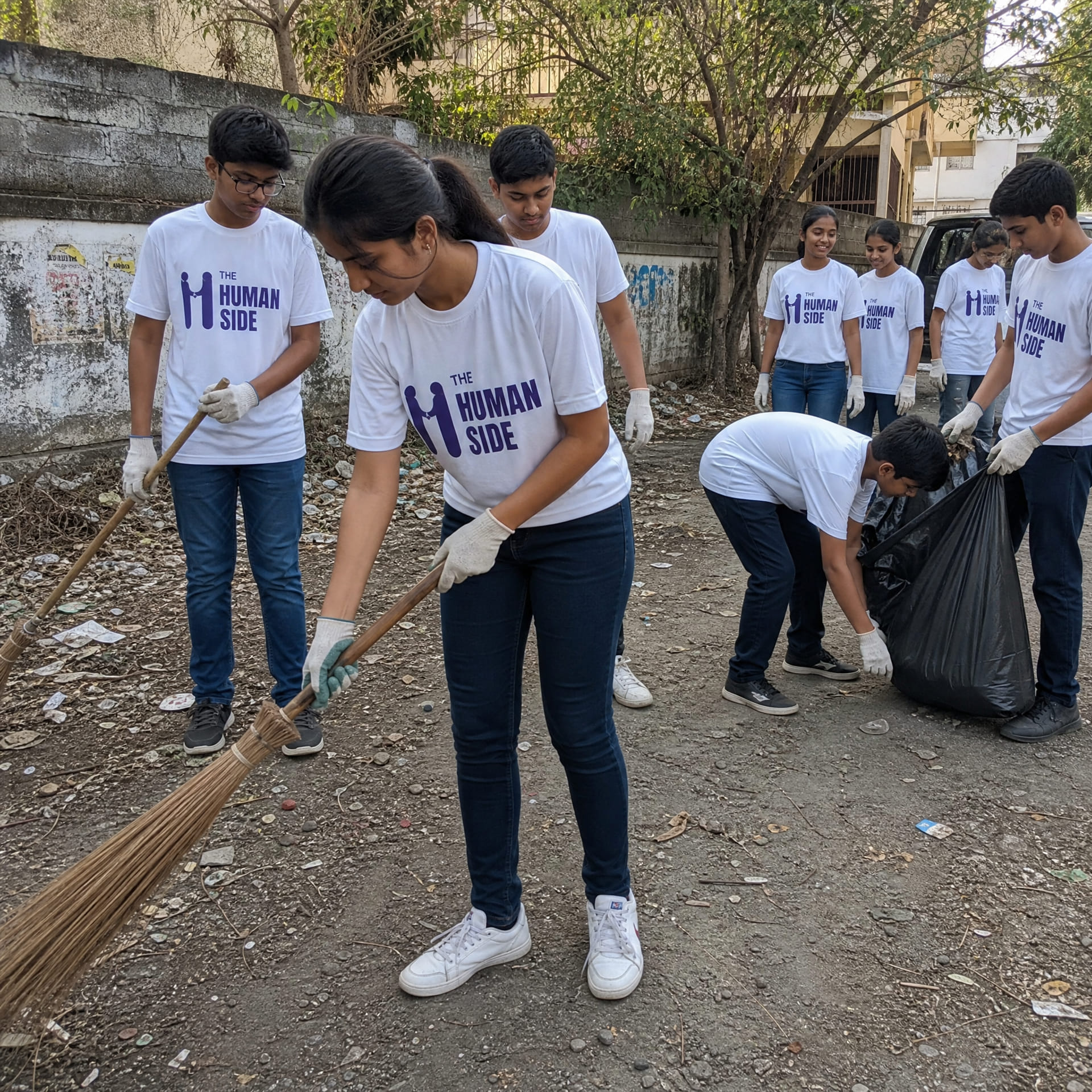 Students sweeping and bagging waste at a neighbourhood clean-up